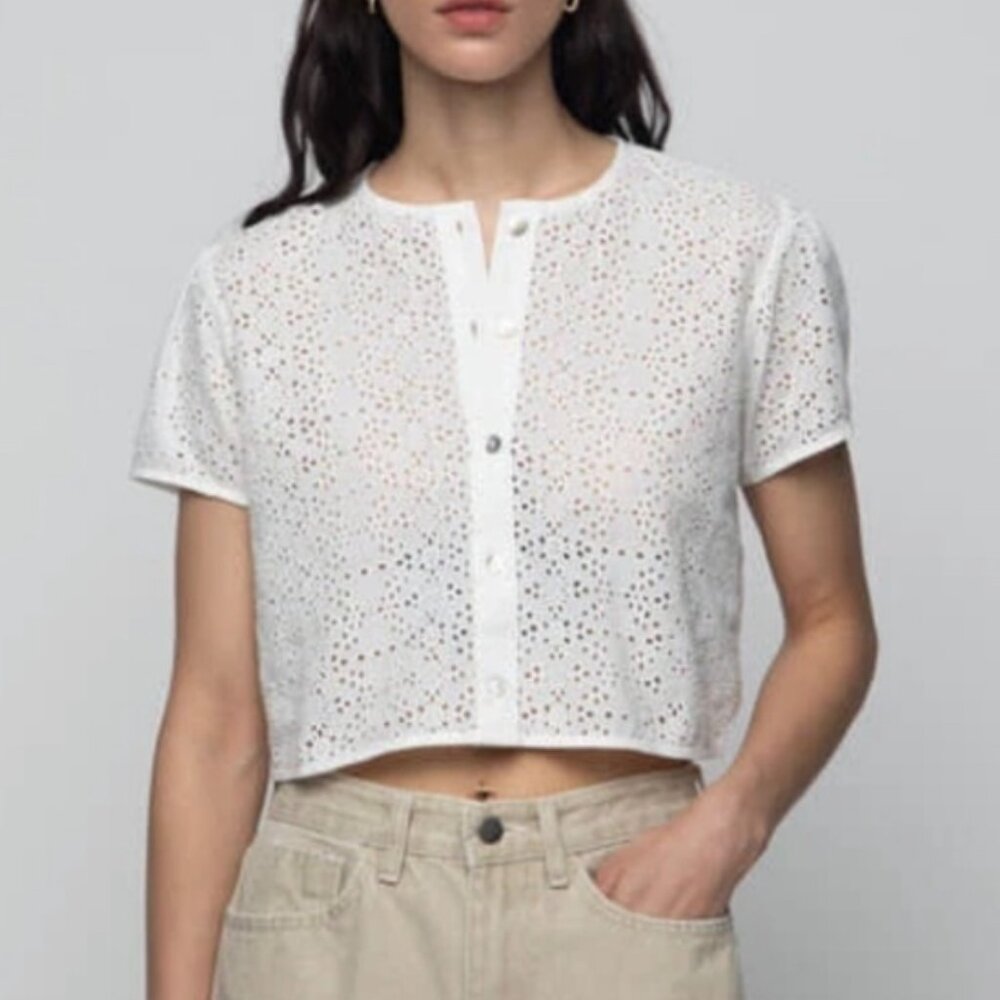 Oak + Fort Cropped White Eyelet Blouse (size S)
